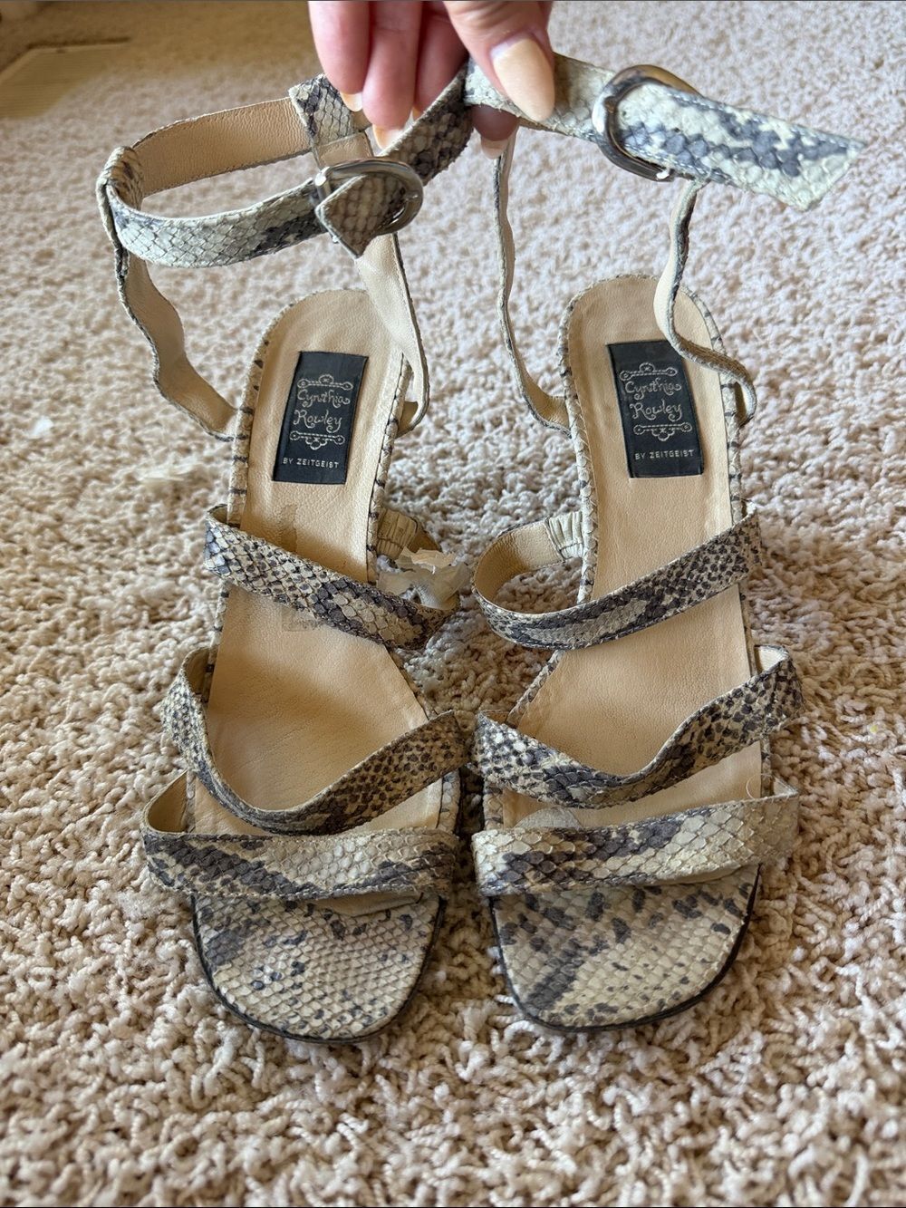 Cynthia Rowley Snakeskin Strappy Heels — Beige and Gray